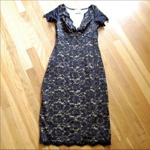 Baylis & Knight Black Lined Lace Pencil Wiggle V-neck Dress Made in England